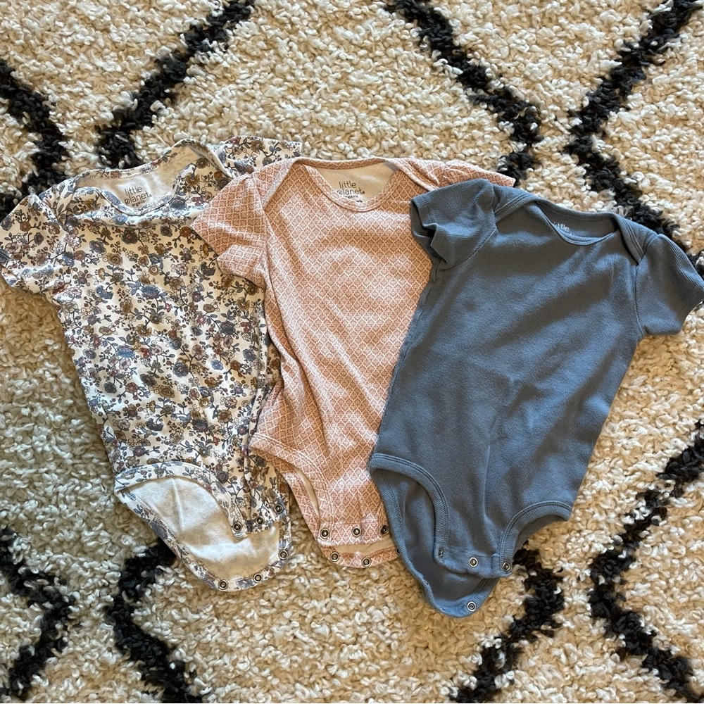 Little planet organic cotton kids One Piece 3pk Set - Floral, Peach, and Blue